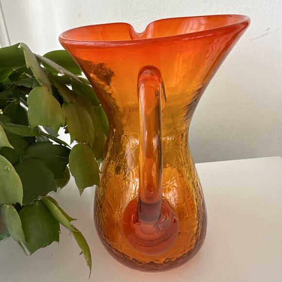 Vintage BLENKO Crackle Hand Blown Art Glass Tangerine/ Amberina Pitcher w Handle - Picture 5 of 9